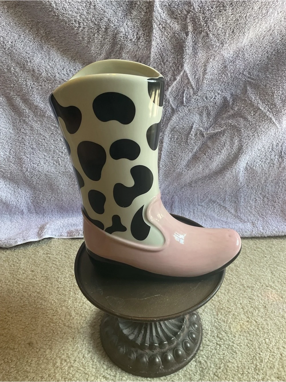 Ceramic Pink and Black Cow-Print Boot Vase